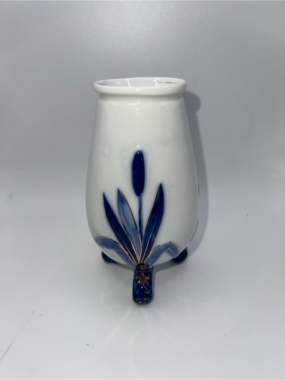 White Ceramic Bud Vase with Blue Floral Motif